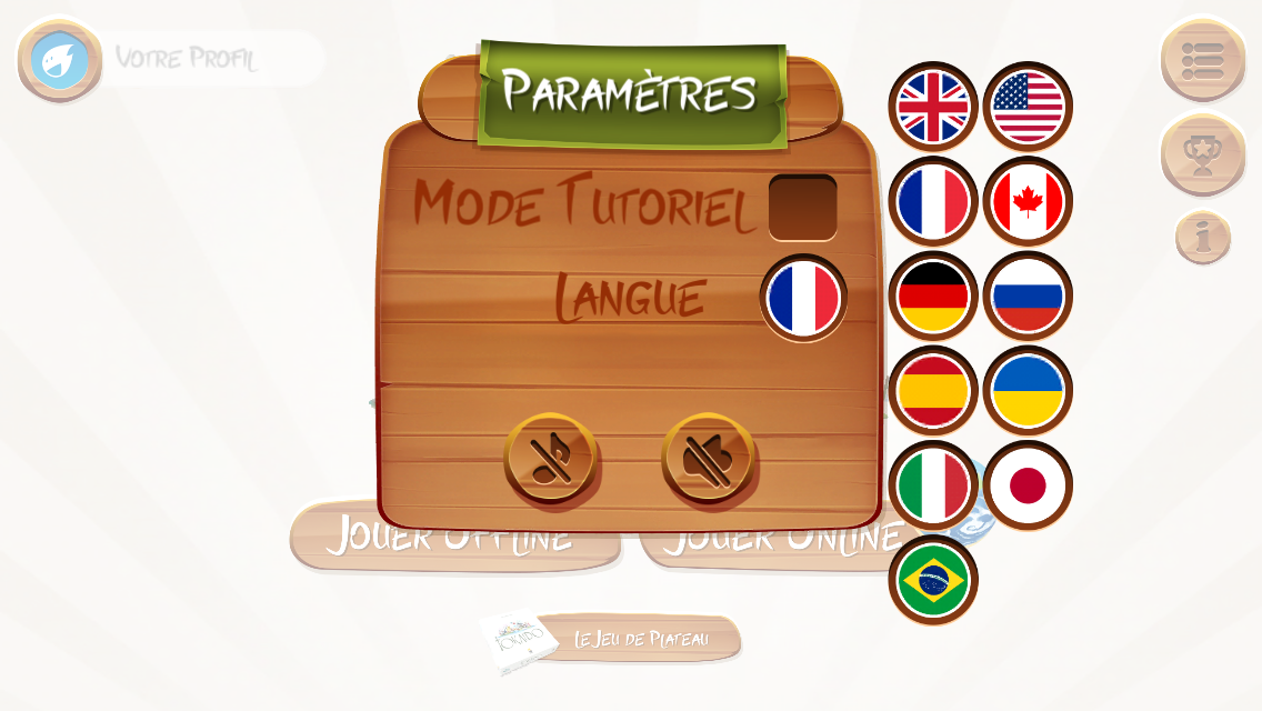 Menu du jeu avec le choix des langues