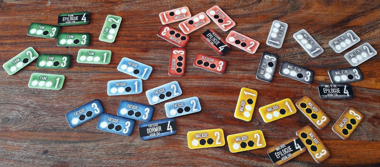 Il ne fait pas bon en avoir trop (blessure, maladie, fatigue, mal-être, faim) car cela réduit votre nombre d'actions possibles.