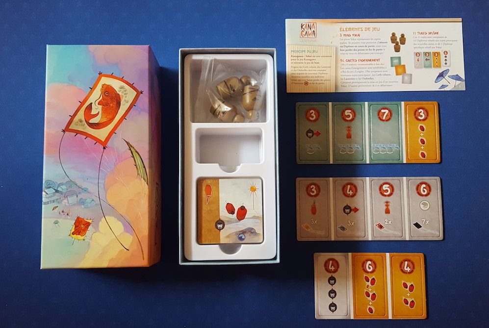 Les éléments de l'extension : 3 pions Yokai, 54 cartes Enseignement, 11 tuiles Diplôme, 1 règle du jeu et un thermoformage blanc.