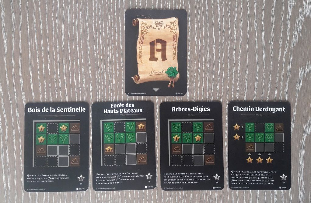 Le décret A qui concerne les Forêts et ses 4 cartes de décomptes possibles. 4 possibilités afin de faire varier les stratégies d'une partie à l'autre.