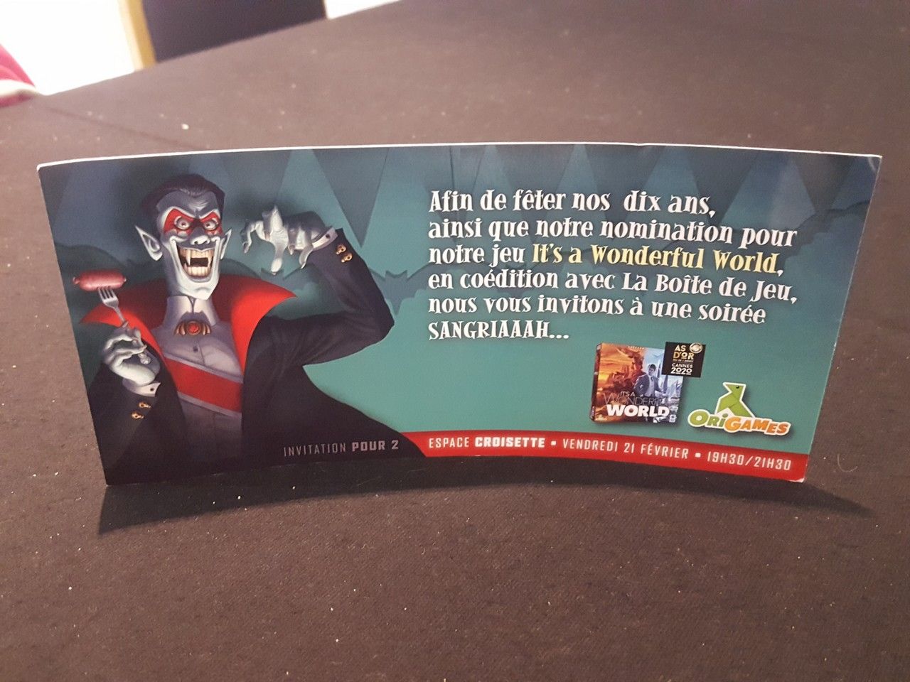 Petite invitation d'Origames pour fêter les 10 ans de la boite et surtout la nomination d'It's Wonderfull World aux As d'Or.