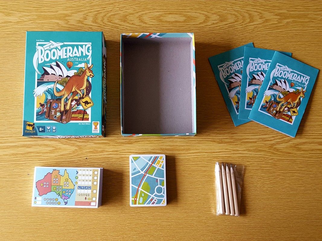 Le contenu de la boite : 28 cartes, 4 crayons, un carnet de score et 3 règles du jeu (français, anglais et néerlandais).