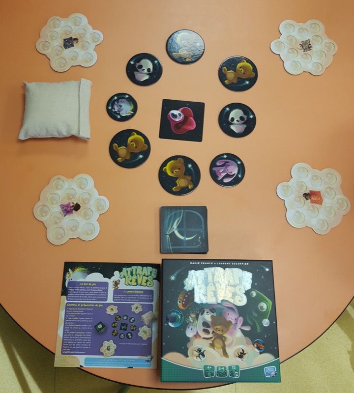 "Disposer les 4 plateaux douillets devant chaque joueur". "Mélanger les cartes Cauchemar et faire une pile sur le côté". "Puis piocher et retourner la première carte au centre du cercle".