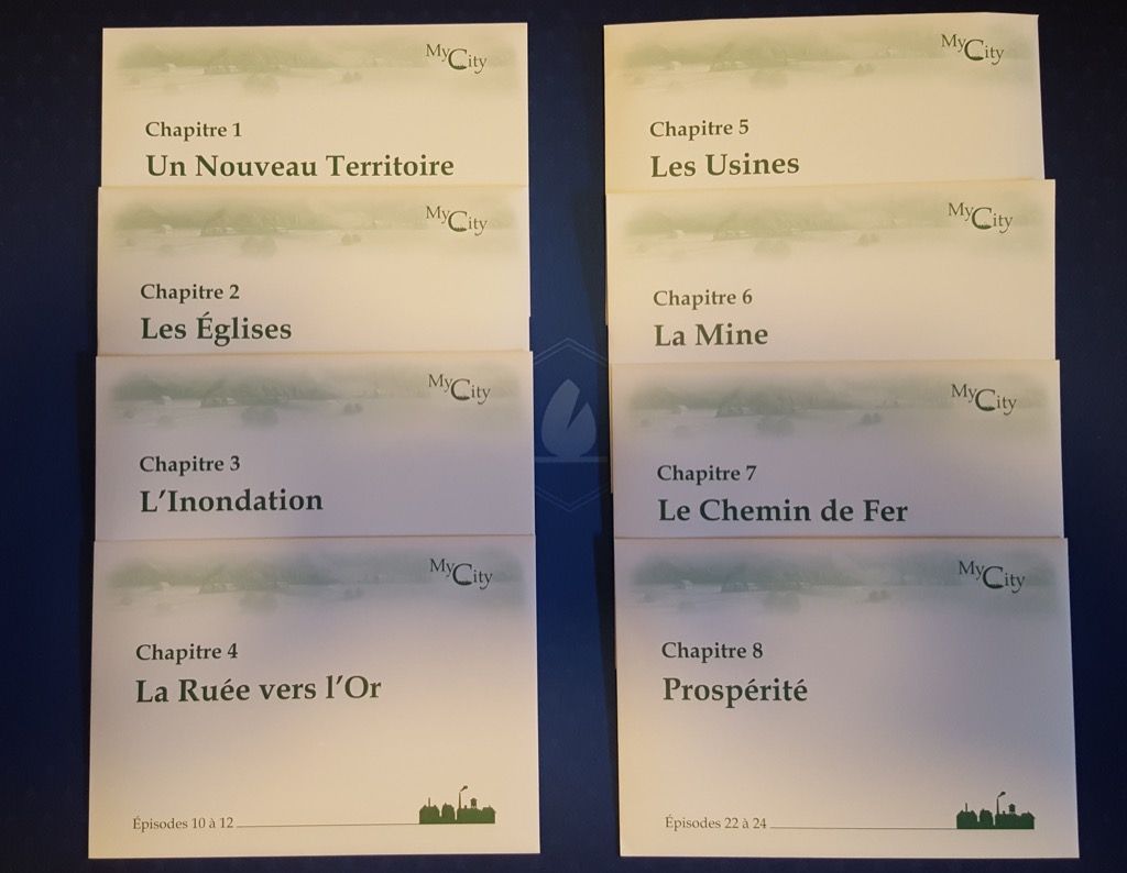 8 enveloppes chapitres contenant chacune 3 épisodes : un feuillet de règles, une table de répartition et du matériel supplémentaire (???).