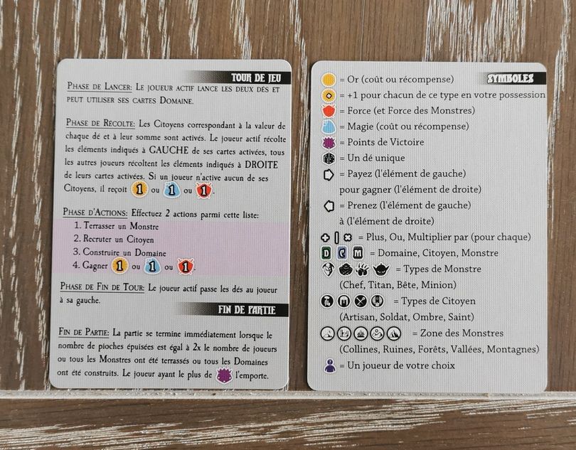 Les règles sont résumées sur ces aides de jeu. Elles donnent tous les symboles du jeu. Comme le jeu est intuitif, elles sont rapidement oubliées dans la boite.