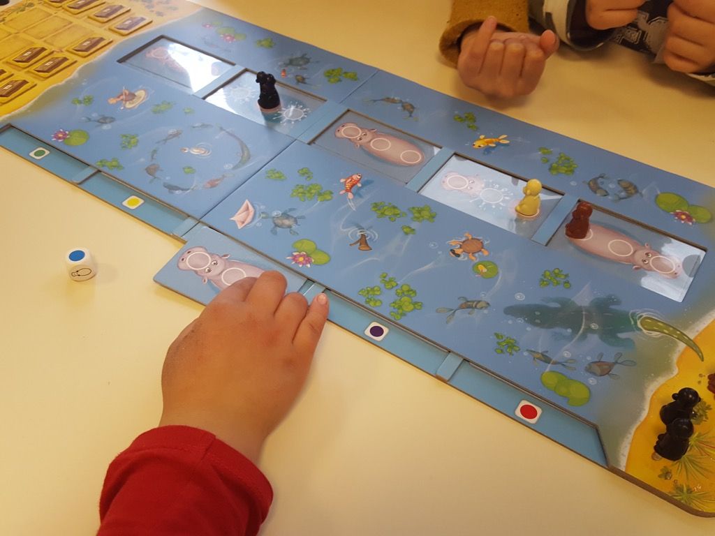 Jeter le dé et faire avancer un singe du nombre indiqué de cercles gris. Lancer ensuite le dé de couleur pour insérer la carte hippopotame supplémentaire dans  la rangée correspondante et tenter de faire tomber des singes (pas les siens !!!).