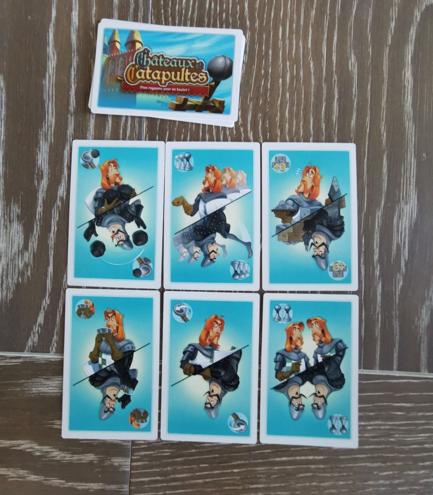 6 cartes par joueur. toutes identiques. Le mime du cavalier de la deuxième carte donne la filiation des inspirations de l’illustrateur : Monty python, Sacré graal