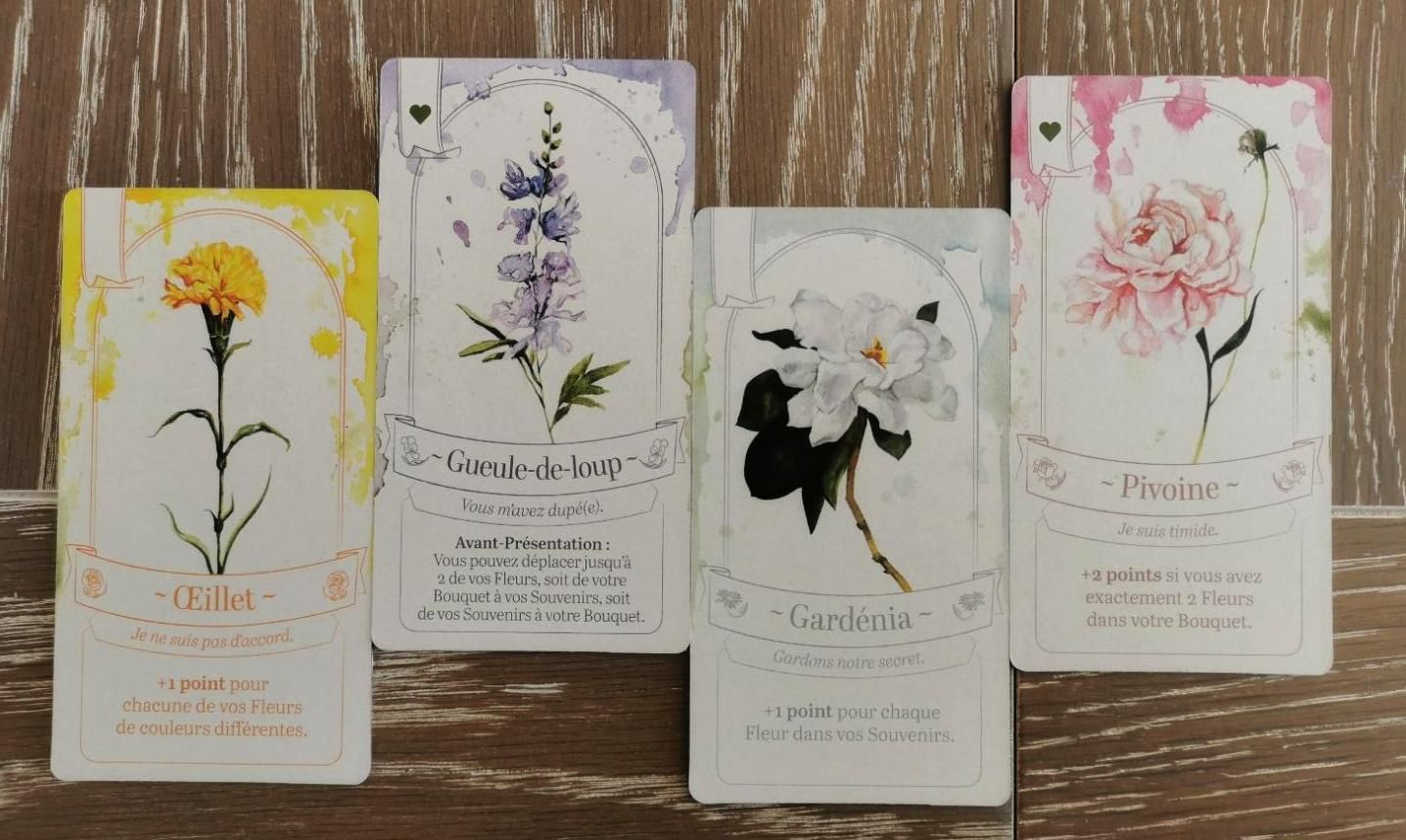 Œillet et Gardénia en souvenir, Gueule de loup  et Pivoine en bouquet pour un total de 10 points : 2 points pour les ♥ + 4 pour le pouvoir de l’Œillet + 2 pour le Gardénia + 2 pour la Pivoine : beau score !