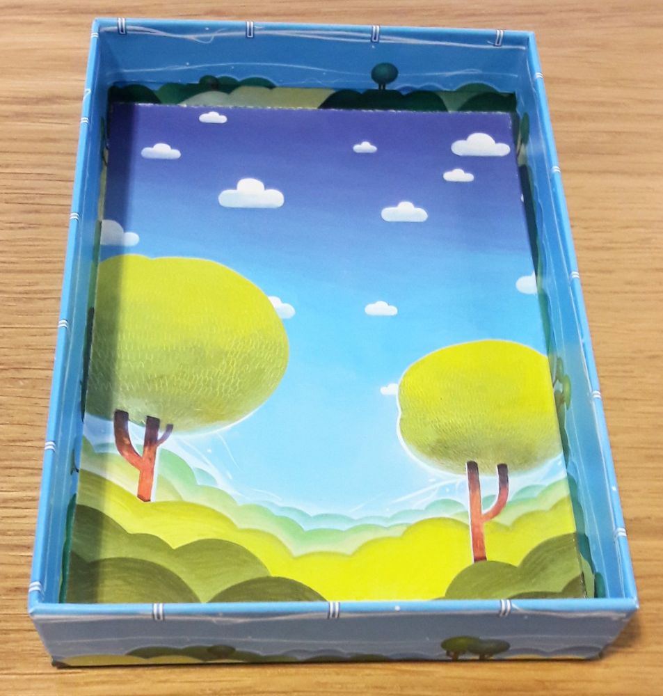 Magnifique illustration de Rémi Leblond et  surtout très bon usage des bords de la boîte comme fil pour les oiseaux et donc plateau de jeu avec 3,4,5 ou 6 emplacements en fonction du bord.