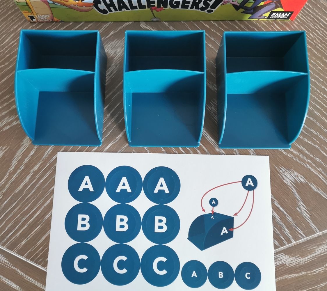 3 sabots pour trier les cartes de type A B et C à identifier avec des autocollants.