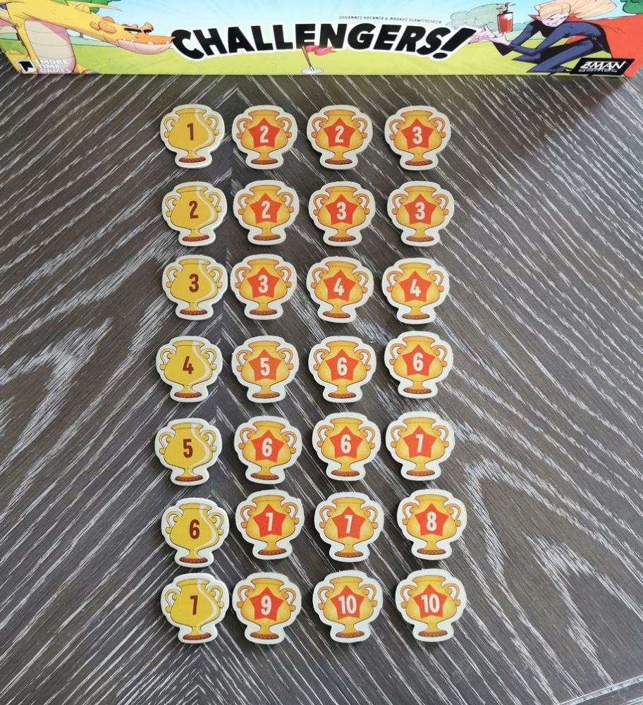 4 trophées pour chaque manche. Au recto le numéro de la manche au verso le nombre de fans. 1 Trophée par tapis