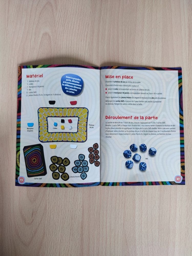 Un livret de règles de 8 pages dont les trois dernières sont consacrées aux explications des cartes Défi. Beaucoup d'exemples et d'illustrations.