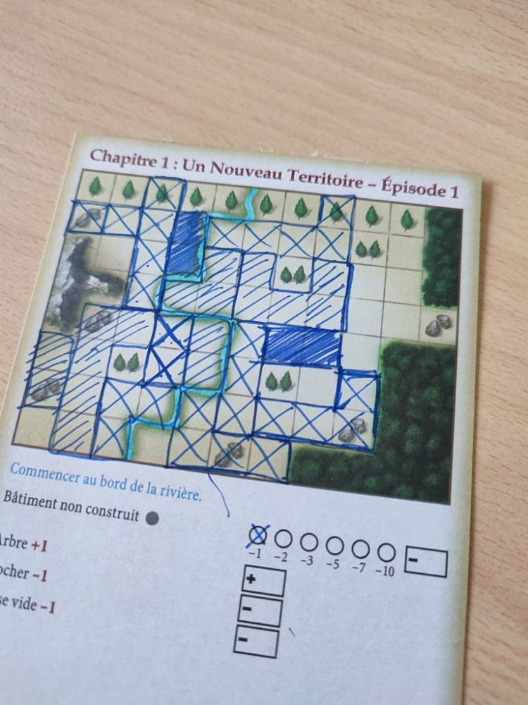 Pour la suite de la partie, chaque joueur doit dessiner ses bâtiments adjacents aux autres sans jamais traverser la rivière pour ce premier épisode du chapitre 1 Un nouveau Territoire.