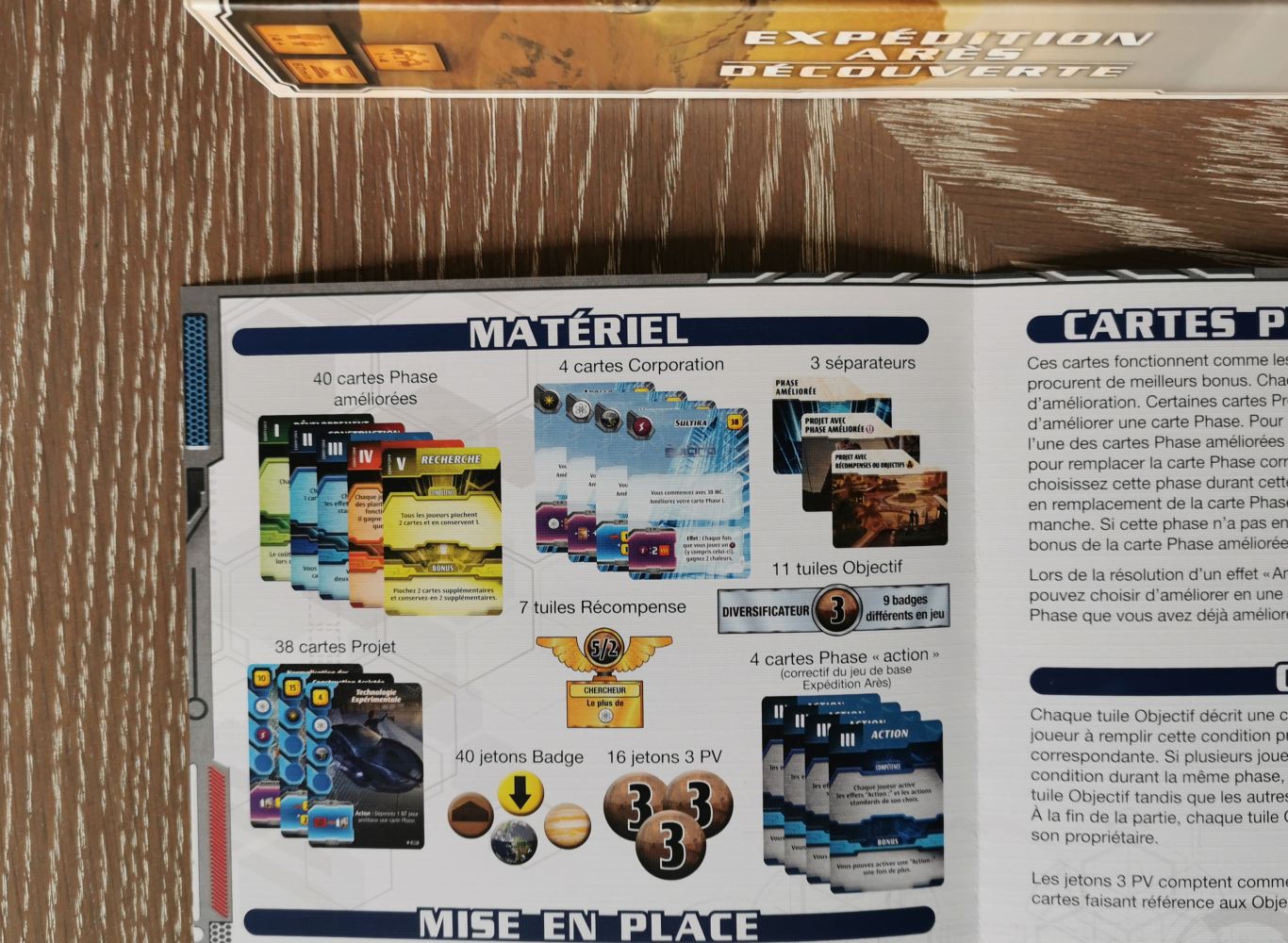 Le récapitulatif du matériel de découverte dans la règle.