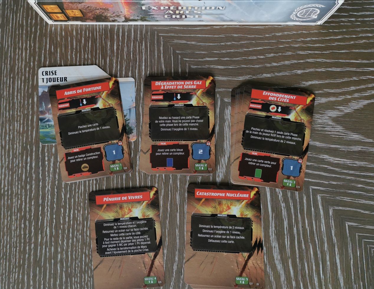 Exemple pour les cartes événements pour le jeu solo classées par niveau.