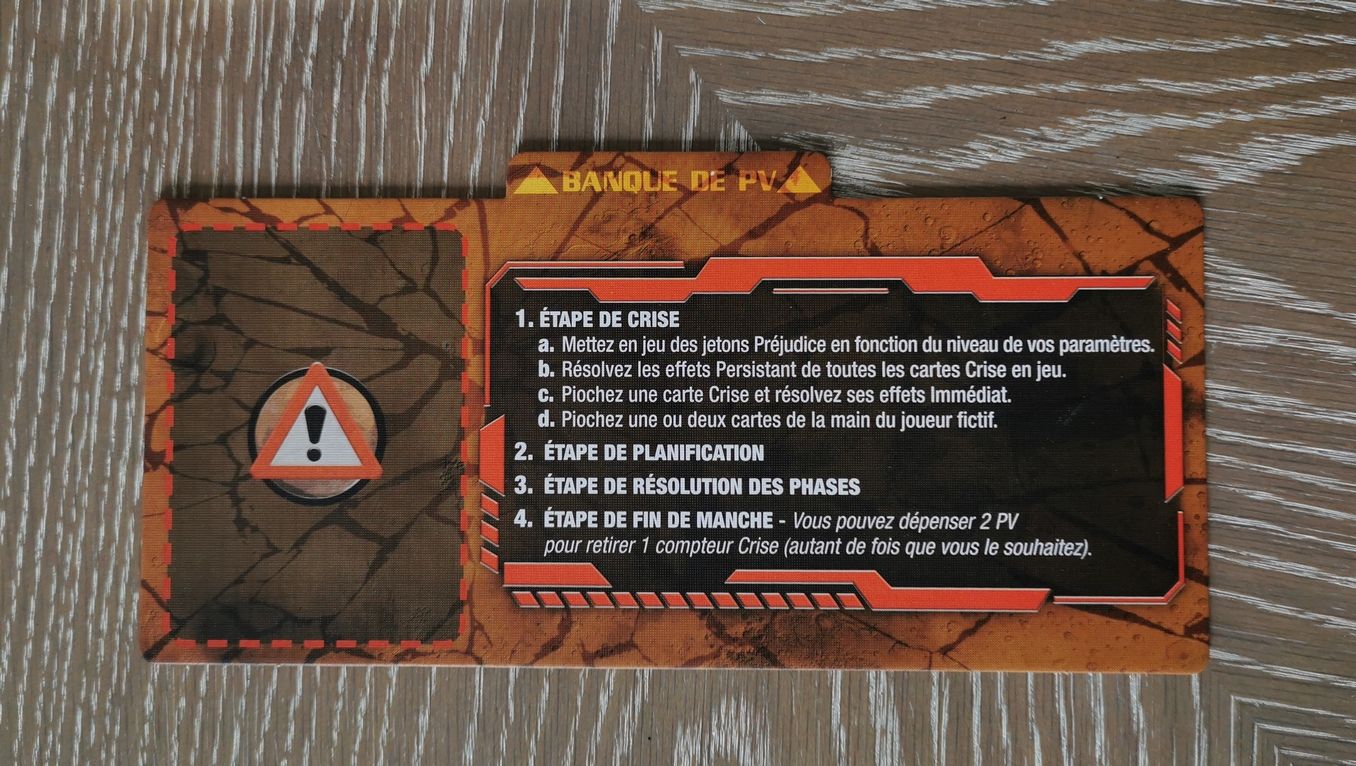 Rappel des étapes d’un tour de jeu (rien de plus de ce qui est sur les aides de jeu) et zones dédiées pour placer le paquet des événements et la banque des jetons PV