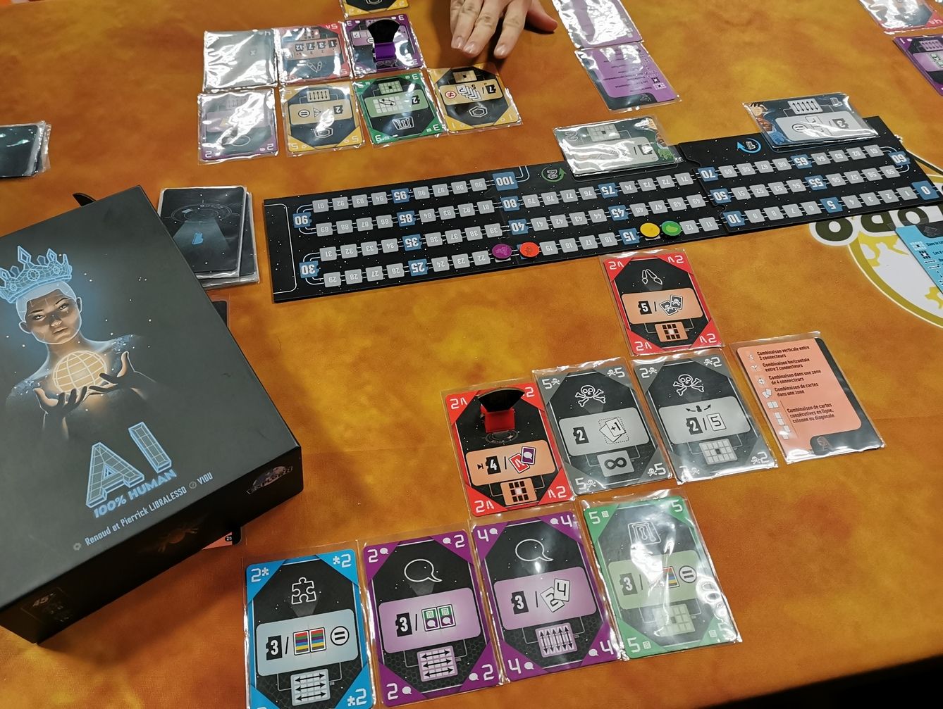 Milieu de partie : fin de la première manche. Chaque joueur a placé 7 cartes en connexion avec la carte AI centrale ( ici la carte rouge avec un jeton). Attention il faut noter que la plateau est un prototype.