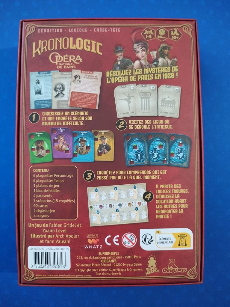 Le dos de la boite  avec un visuel du matériel et une première idée de la mécanique de base du jeu.