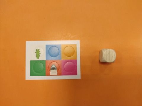 1 dé vierge en bois avec une planche de stickers à positionner sur les faces du dé.