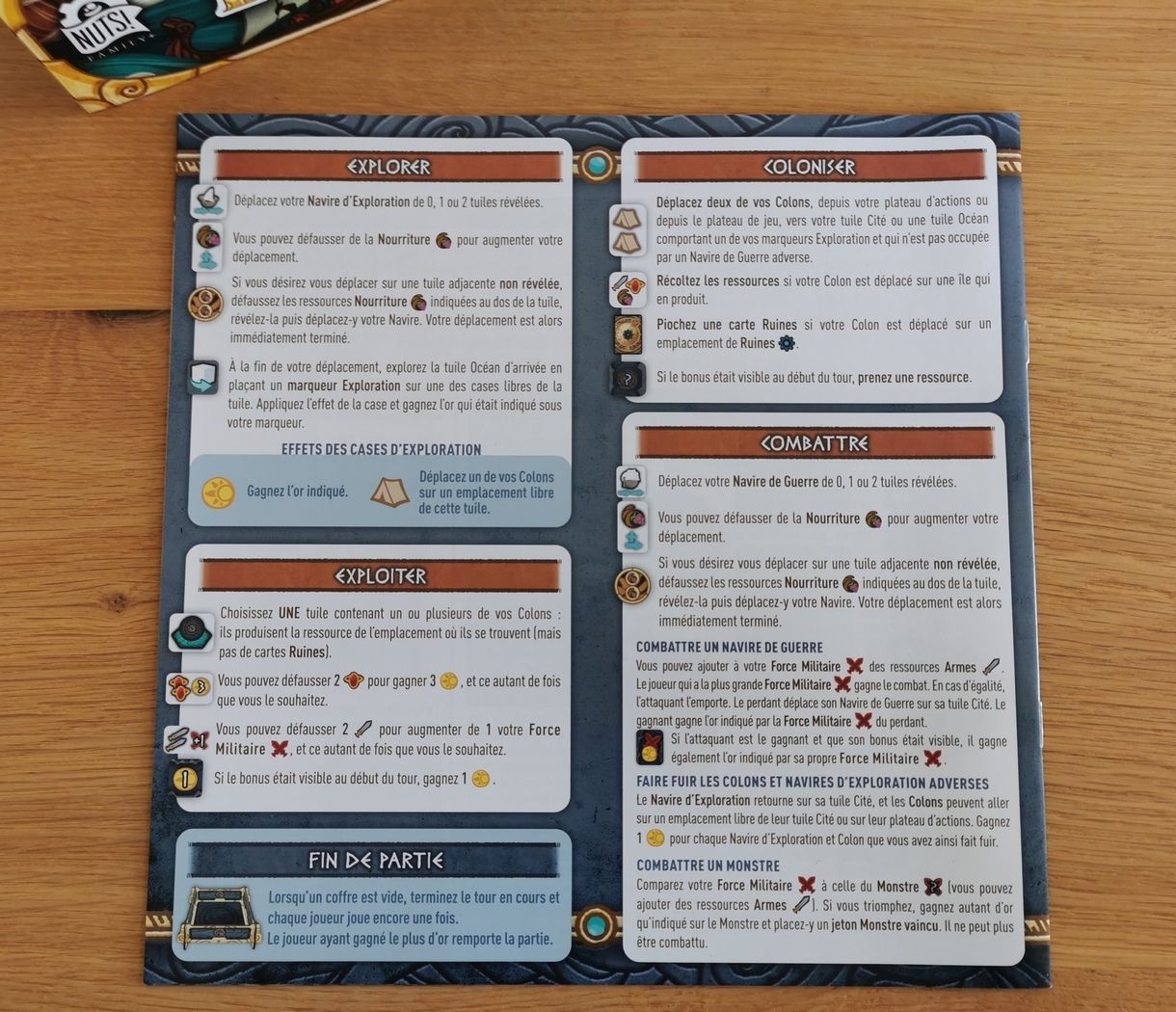 La 4ème de couverture du livret : l’essentiel du jeu et le rappel des 4 actions.