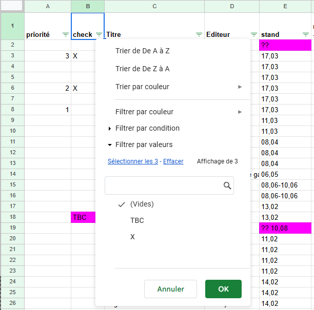 Dans ce cas, après avoir cliqué sur OK on n'affichera plus les jeux marqués "TBC" et les "X".