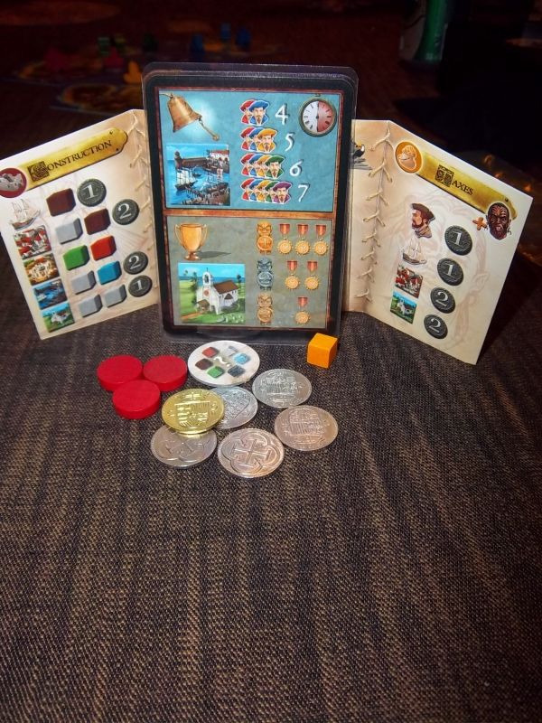 Ma carte secrête...chuuuuut ! Ils ne connaissent pas encore son contenu. Problème pour moi : la carte tendance porte aussi sur les temples. Notez les "vrais" florins de la boîte de monsieur Cormyr.