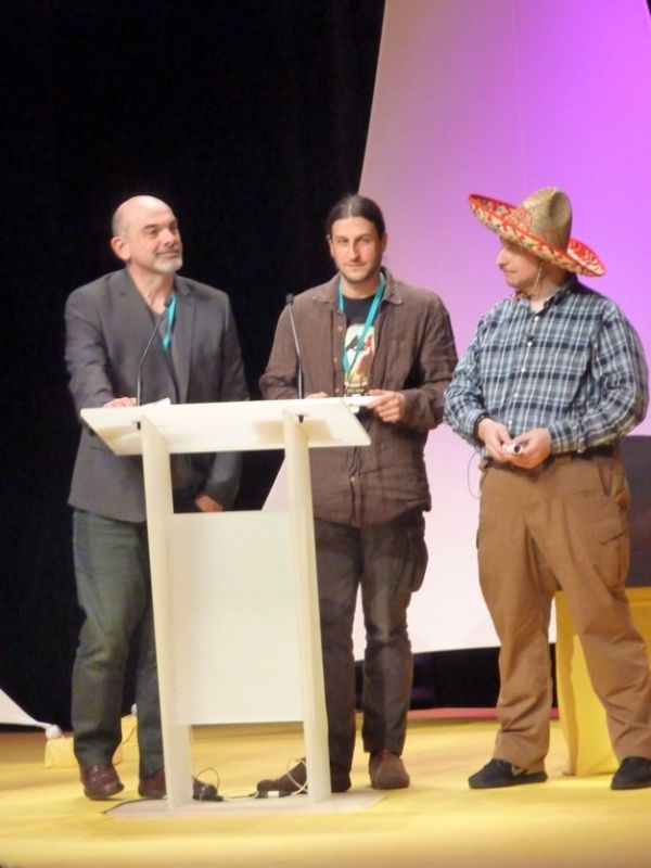 On reconnait ici trois habitués de la cérémonie : de gauche à droite Bruno Cathala, Antoine Bauza et Cédrick Caumont le patron de Repos