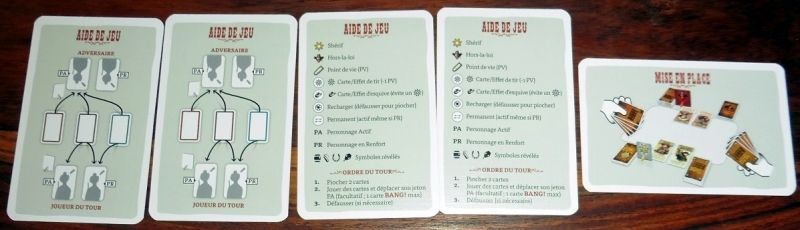 4 cartes aide de jeu avec le rappel des symboles et d'un tour de jeu en plus des interactions possibles entre Personnage Actif et en Renfort...