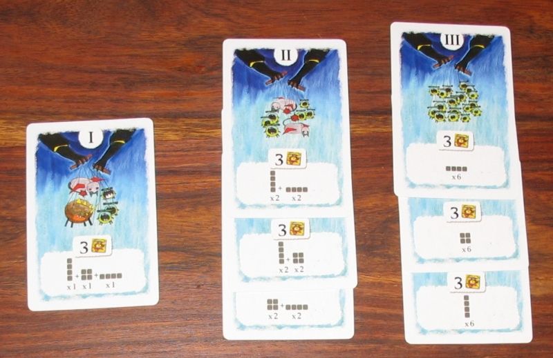 Les cartes "épreuve" du jeu de base, avec 3 possibilités pour les niveaux II et III