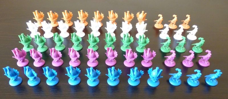 Le matériel des joueurs : 8 caravelles et 3 régisseurs à sa couleur.