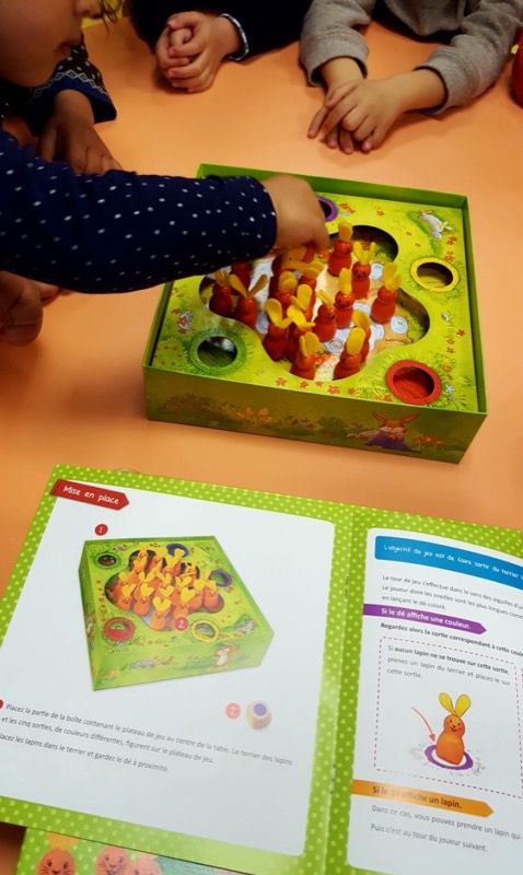 La partie commence. Je lance mon dé, je regarde la couleur : si il y a un lapin dans le trou de la couleur demandée je le prends sinon j'en pose un dedans. Quand je fais le lapin sur le dé j'ai le dro
