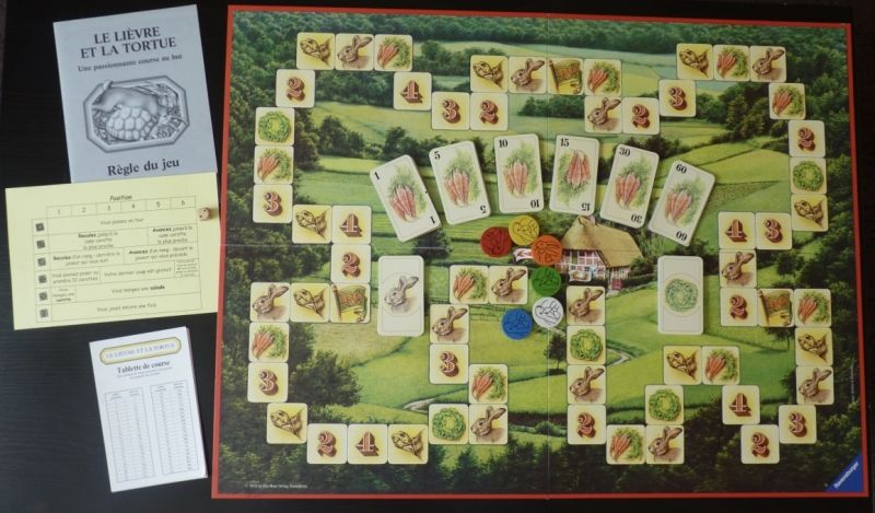 Le plateau de jeu avec du lièvre dedans, de la tortue et beaucoup de carottes.