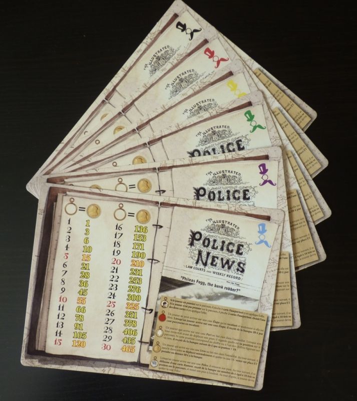 6 carnets de voyage (1 par couleur de joueur) avec le rappel des coûts de déplacements et le rappel des effets des cases.