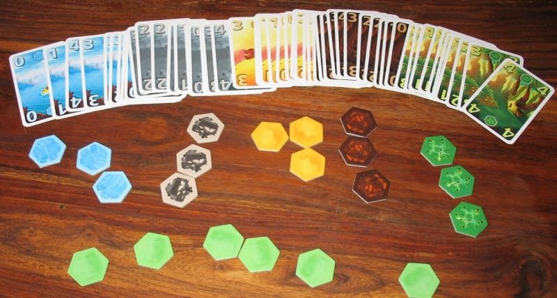 Pour chacun des 5 terrains : des cartes de 0 à 4 et 3 tuiles, et aussi 6 tuiles prairie