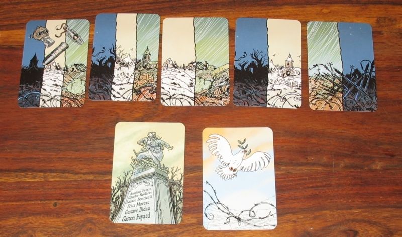 Les cartes menaces multiples temps, la colombe de la paix (objectif du jeu) et le monument au mort (la défaite...)