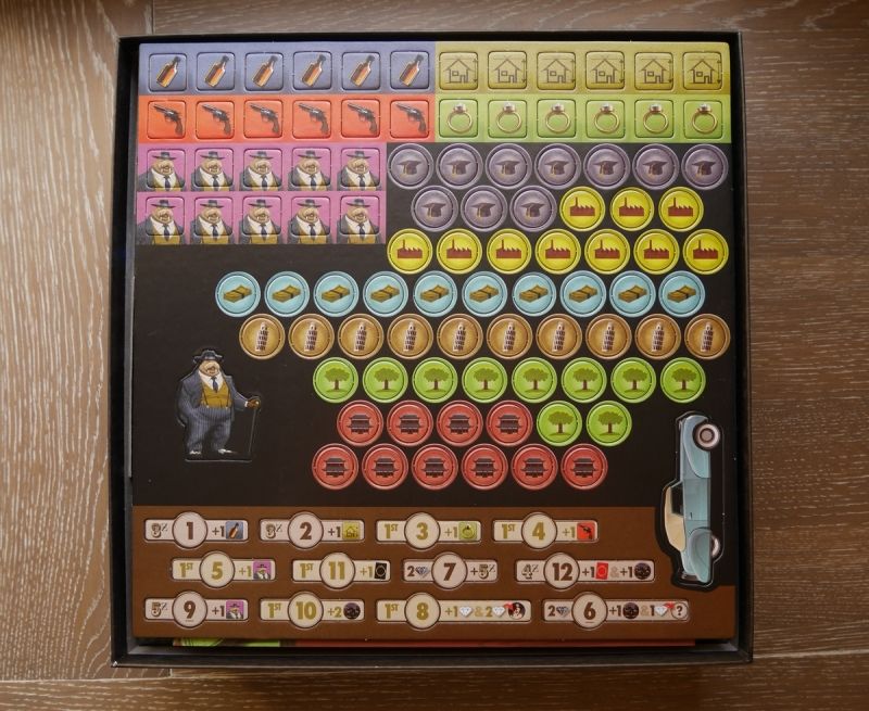 On y trouve les jetons "Faveur", "Quartier" et "Famille" ainsi que deux marqueurs qui ont droit à un socle.