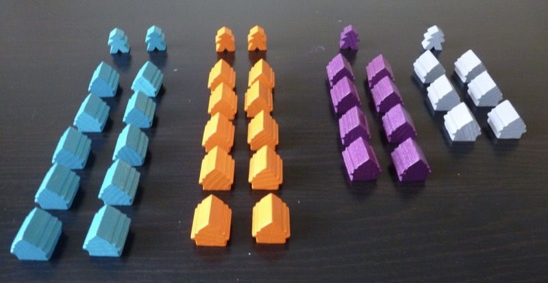 Les 34 bâtiments standard : 10 chacun pour 2 joueurs, 8 chacun pour3 joueurs et 6 chacun pour 4 joueurs.