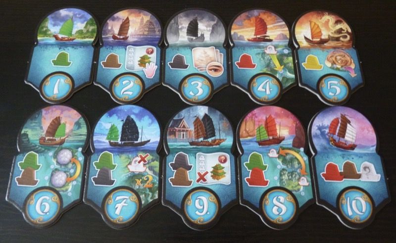 Les 10 tuiles flottes indiquant la couleur des bateaux à utiliser et le pouvoir spécial à déclencher pour le tour.