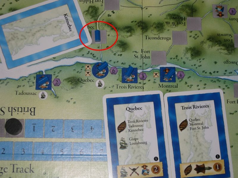 Une colonisation, le Français part de "Quebec" pour aller à "Kennebec" avec la barque obtenue par "Trois Rivières". Il gagne alors la carte Kennebec avec la colonie.