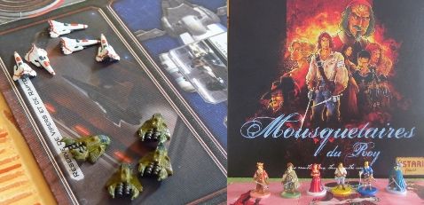 Les vaisseaux Cylon de Blue à gauche et mes figurines des mousquetaires du Roy à droite.