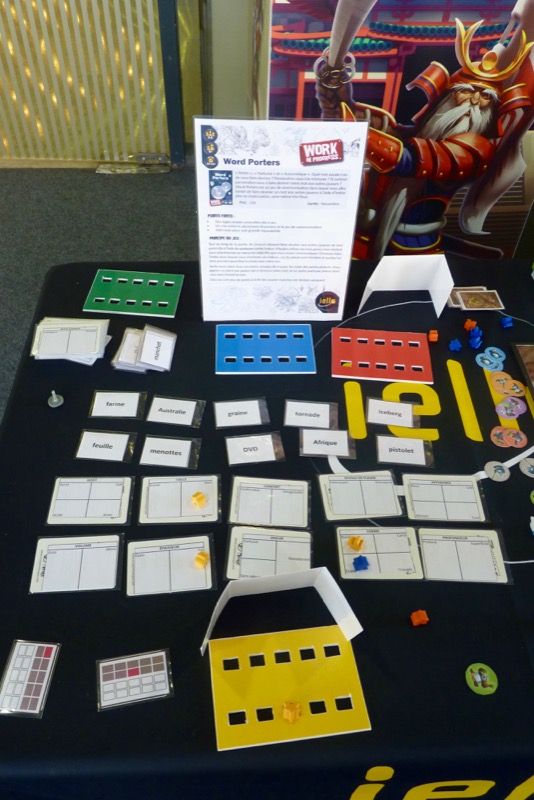 Le proto de Word Porters en WIP, un jeu de l'auteur japonais Hisashi Hayashi (trains, Sail To India, Isari, Yokohama) à partir de 6 ans édité en 2016 chez Okazu Brand.