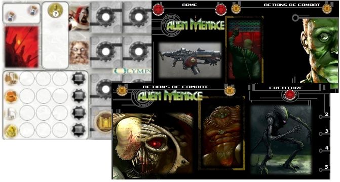 A gauche, le plateau individuel de Olympos par Steph de Neuch et à droite, les deux plateaux de Alien Menace. 