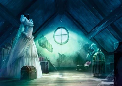 En haut, le grenier version Tajemnicze Domostwo et en bas, la version Mysterium. Certains éléments ont été ajoutés ou modifiés et l’ambiance est devenue plus inquiétante.