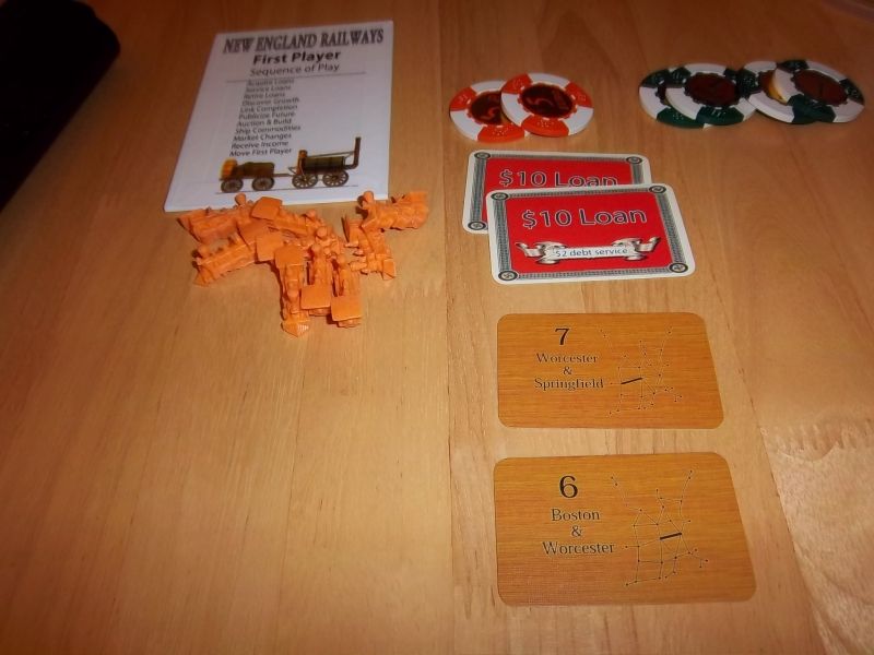 Quelques éléments du jeu : la tuile premier joueur, les cartes liaisons, les locos...les jetons de poker n'en font évidemment pas partie (j'ai même pas pensé à regarder les "vrais "billets).