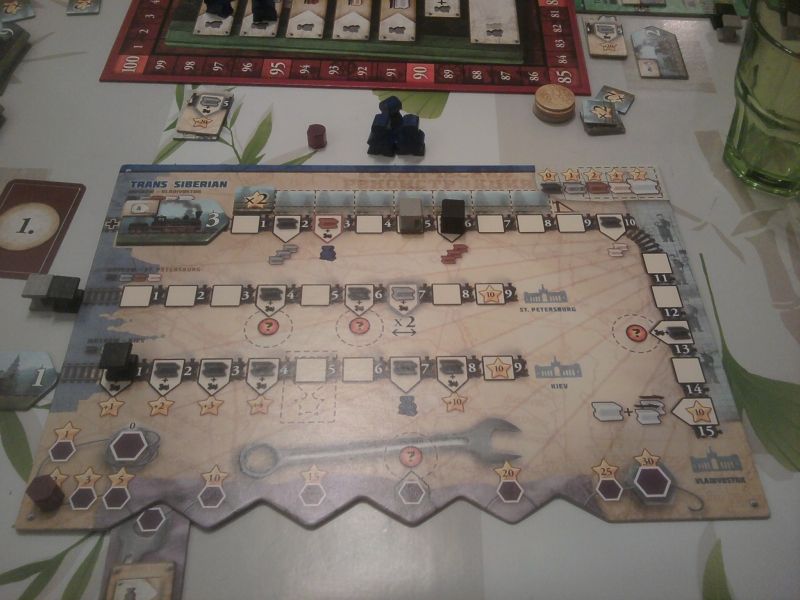 Mon plateau au 2ème tour. Je cherche l'ouvrier de la case 3 de la ligne transsibérienne. Si seulement j'avais directement travaillé la 3ème ligne ...