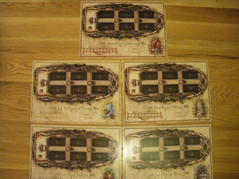 les fiches de Vaisseau (chaque vaisseau porte son petit nom : Noblesse Oblige, Le Coq volant...)
