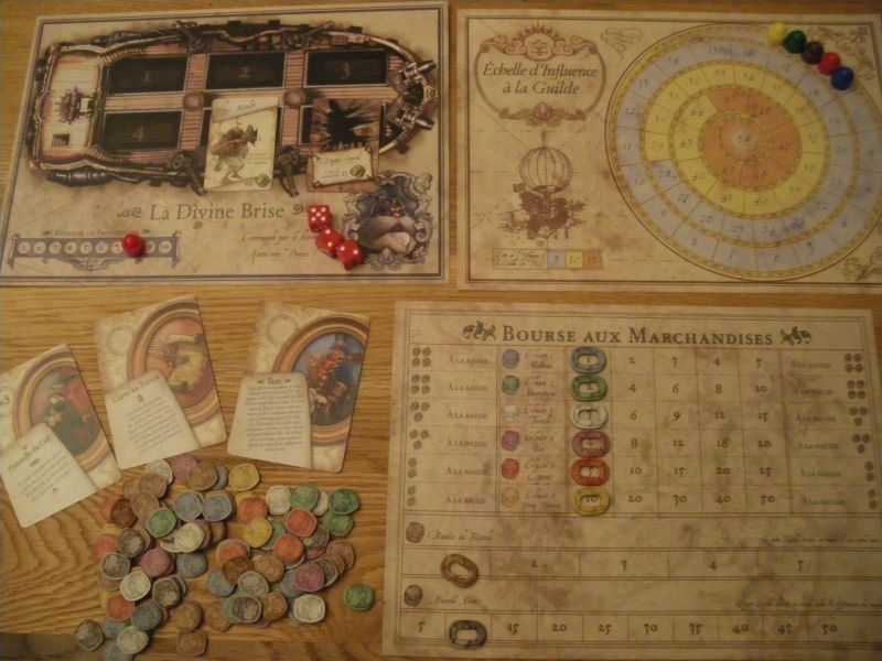 Un vaisseau en haut à gauche, l'echelle d'Influence à la Guilde en haut à droite ; en bas à gauche des cartes et des tonneaux marchandises et en bas à droite : la fiche "Bourse" avec les marqueurs. 