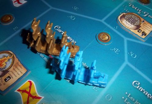Un moment intense de la partie : Le galion commandé par Gil del Lobo (un pirate... espagnol !) va s'emparer du Galion au Trésor. 